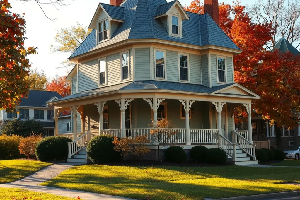 A sage-green Queen Anne house with a steep grey slate roof, turret and brick chimney under autumn maples.