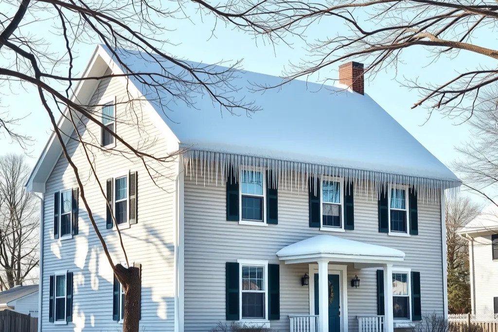 A snow-covered clapboard colonial with a ridge of ice and long icicles along the front eave.